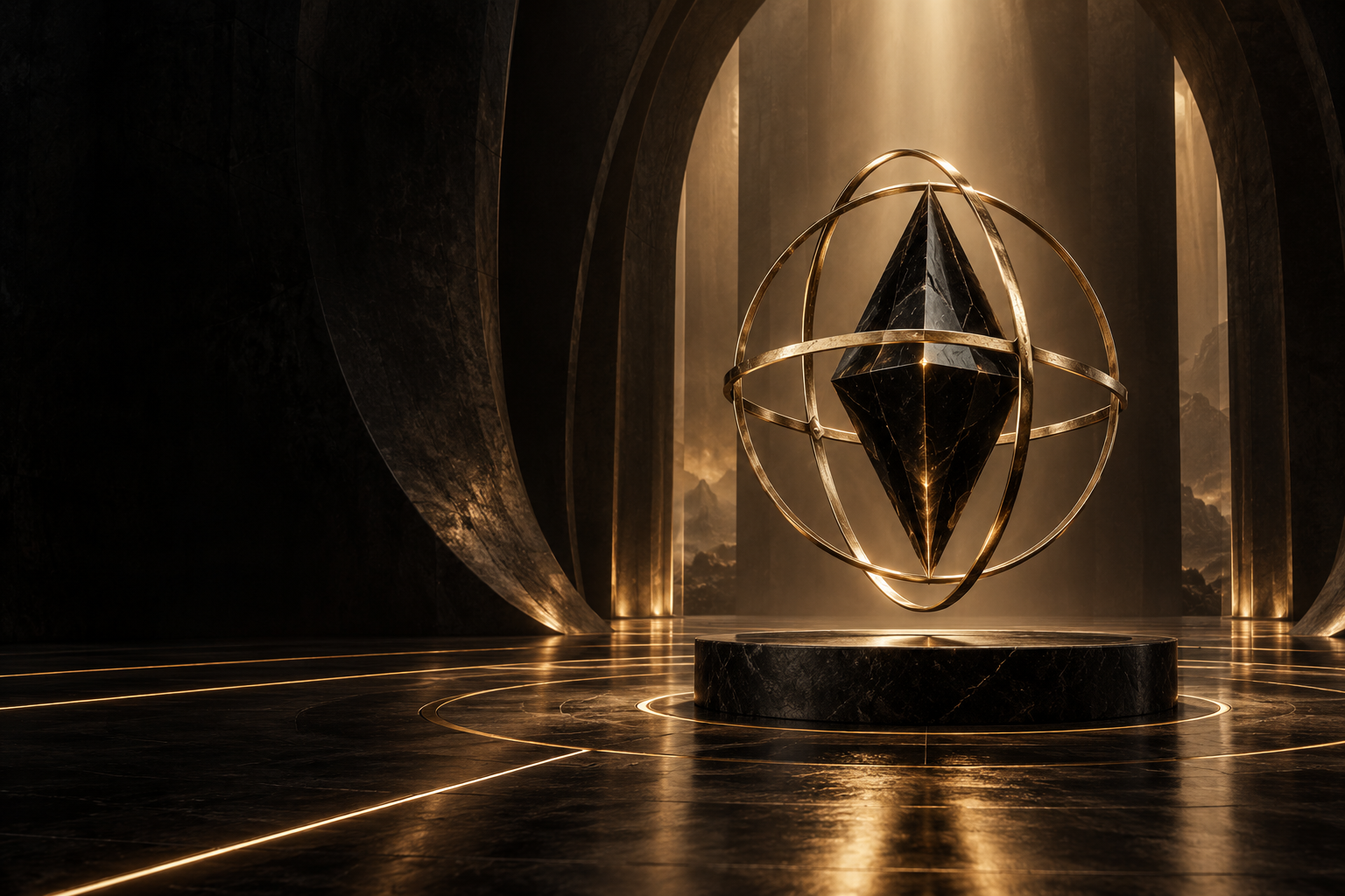 Obsidian artifact suspended in golden orbital rings inside a dark vault